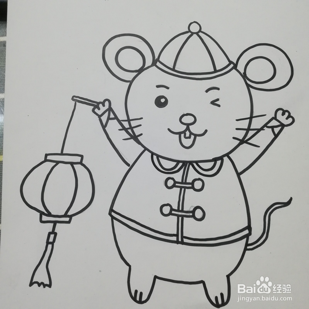 怎么画小老鼠举灯笼的儿童画。