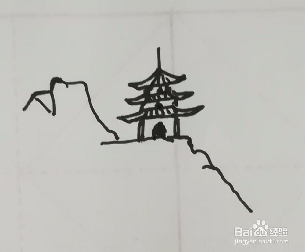 山、河、树、亭子、白云太阳组合简笔画