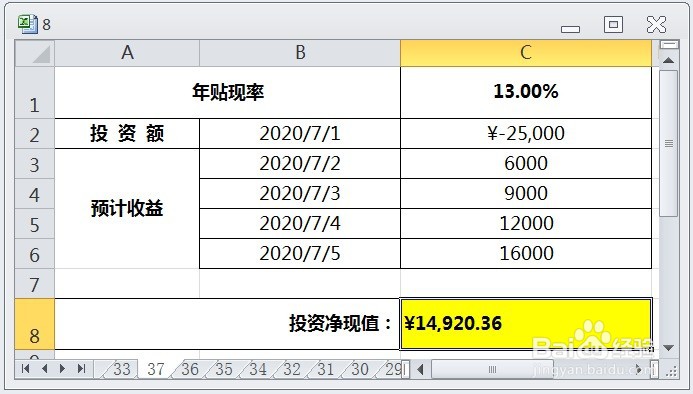 EXCEL运用XNPV计算投资净现值