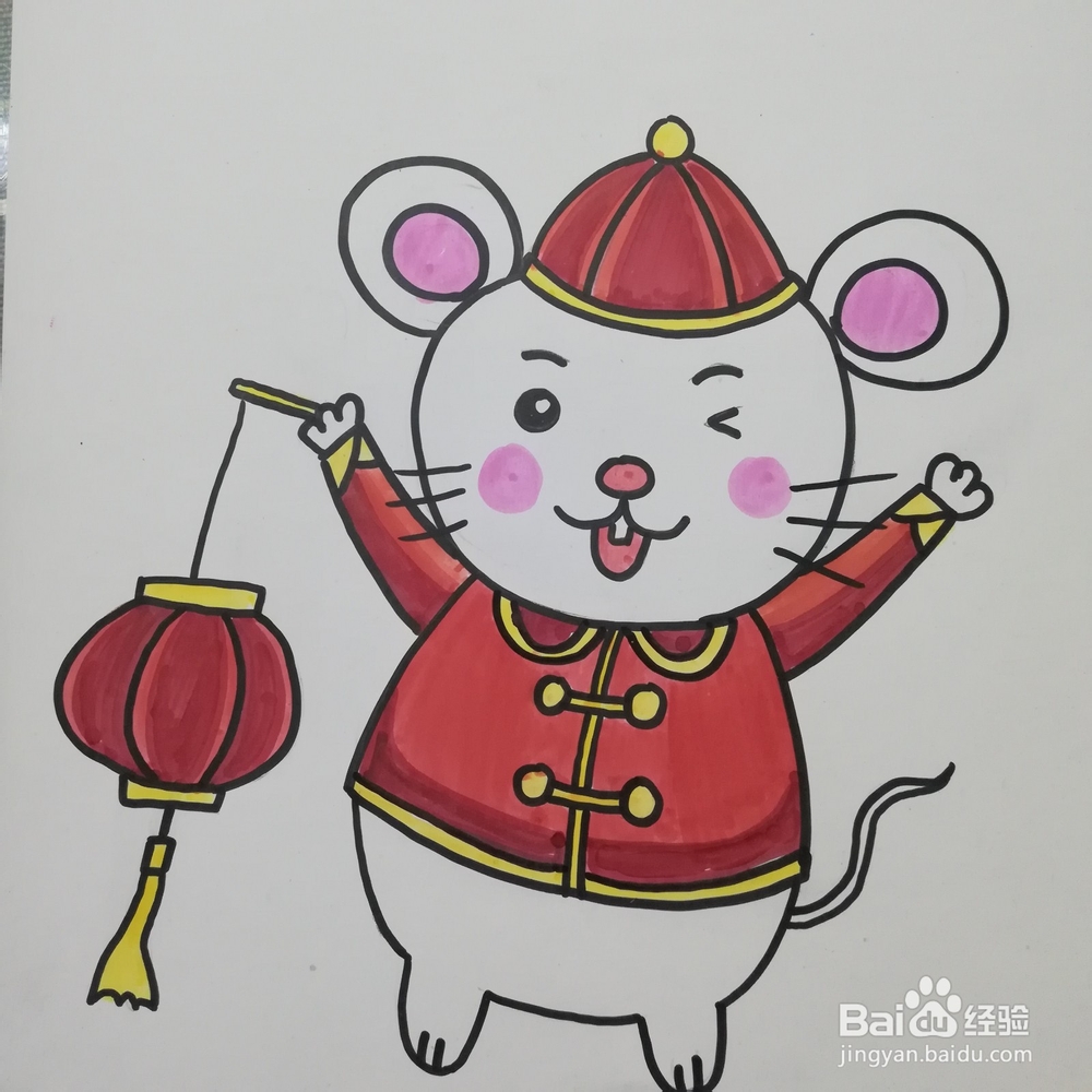 怎么画小老鼠举灯笼的儿童画。