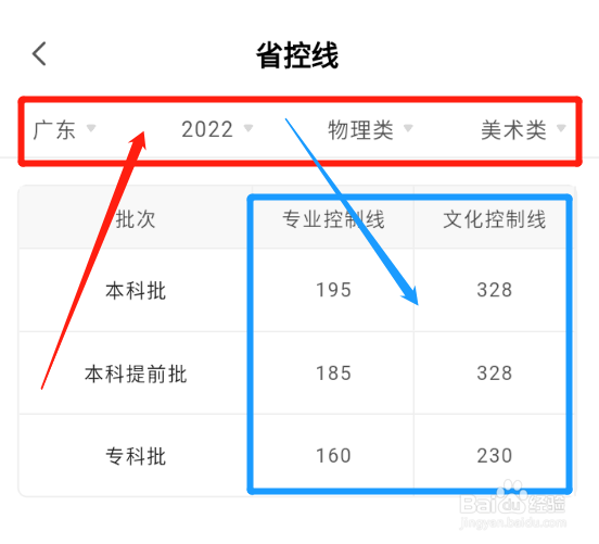 掌上高考怎么查看艺考类录取批次的省控线分数