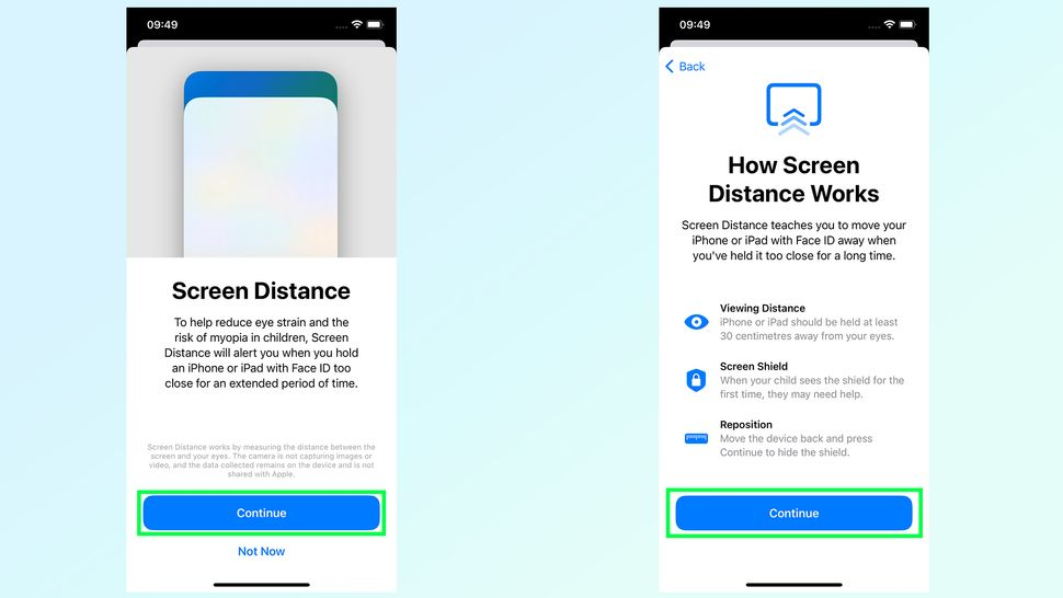 如何在iOS 17中设置屏幕距离
确保你已安装iOS 17
进入“设置”应用程序并选择“屏幕时间”
点击屏幕距离
在以下两个信息屏幕上点击继续
确保屏幕距离已打开
自己测试屏幕距离
