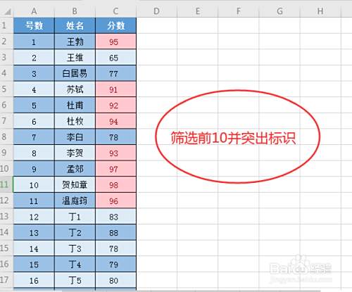 Excel中如何筛选数量前十项并标记颜色 百度经验