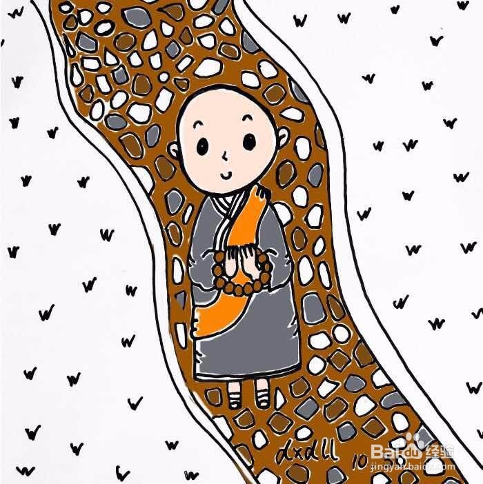 茉莉水彩手绘之踱步的小和尚