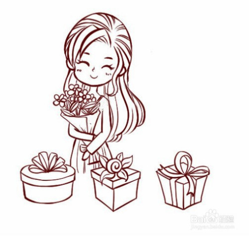 画出老师手中的花束和礼物