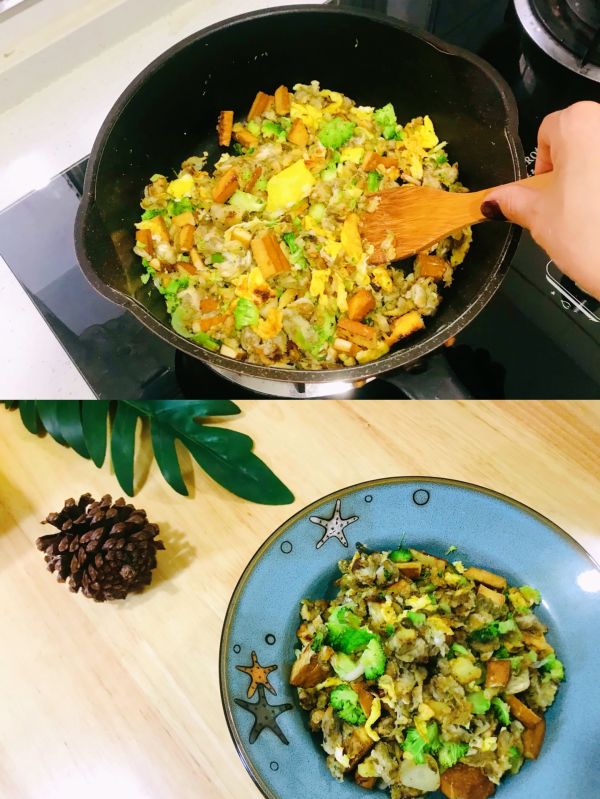 西蓝花豆干炒槐花麦饭