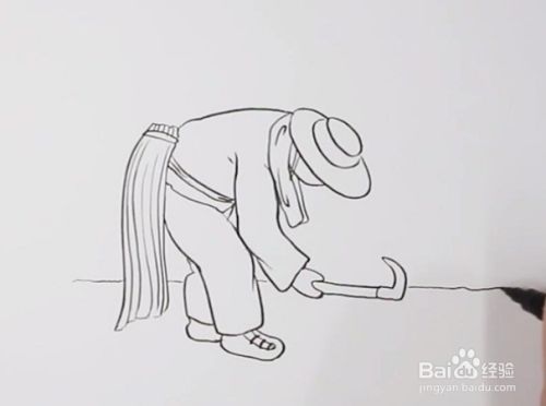接着画出农民的身体,手上拿着一把镰刀,身体弯曲着,腰上挂着一捆