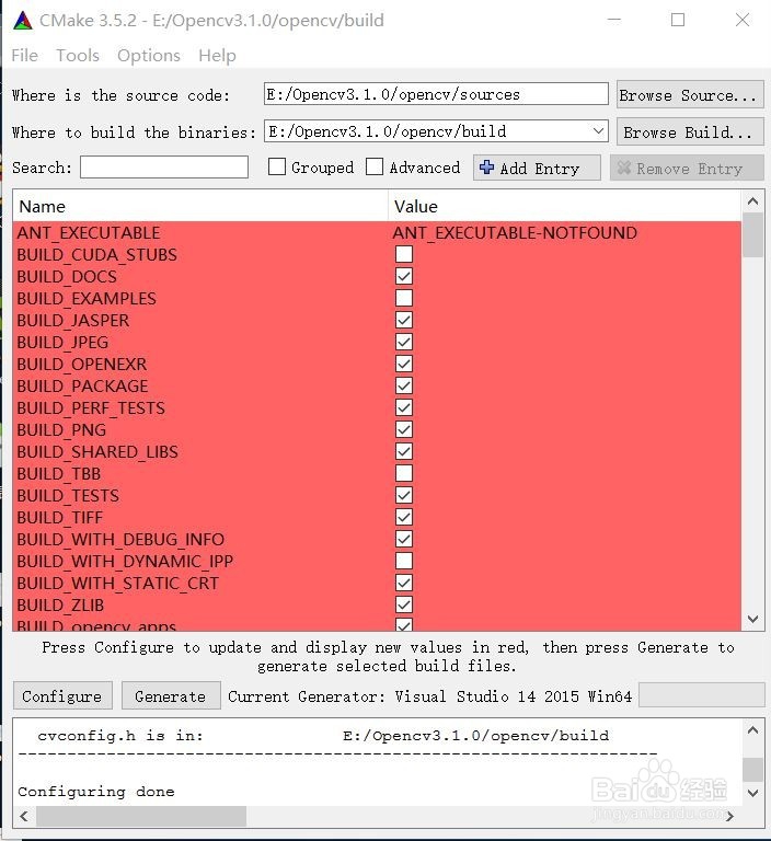 图解opencv3.1 + cmake3.5.2 + vs2015 配置