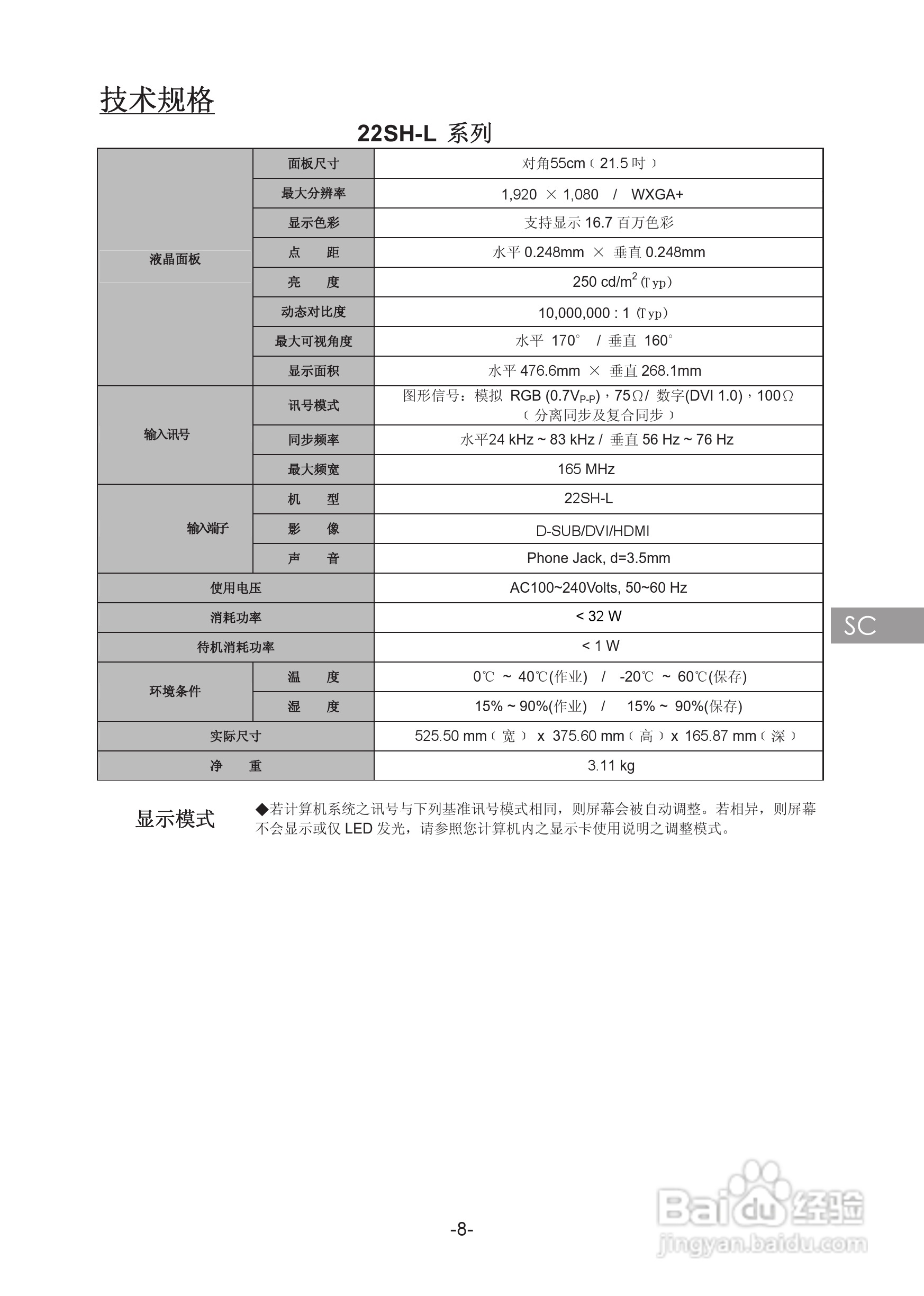 奇美液晶显示器22SH-L型使用说明书