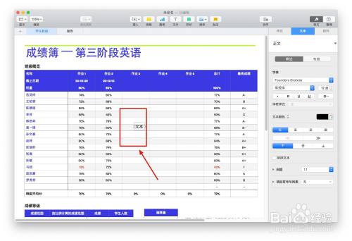 Numbers表格“成绩簿”模板中如何插入文本