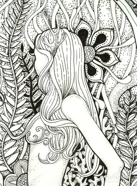 手绘插画-人物黑白装饰画（美少女）