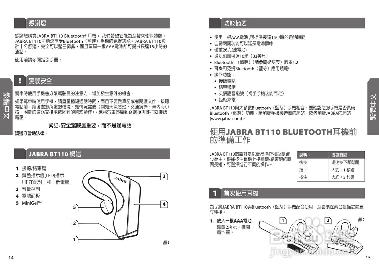 Jabra BT110蓝牙耳机使用手冊