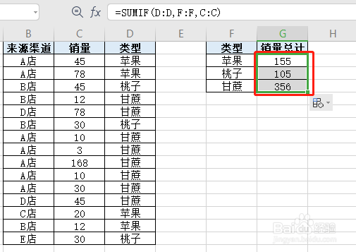 如何快速用sumif来筛选出相同类别之和？
