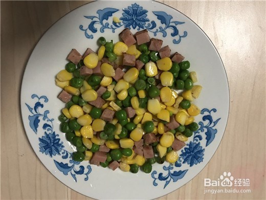 <b>家常美食——玉米豌豆炒火腿</b>