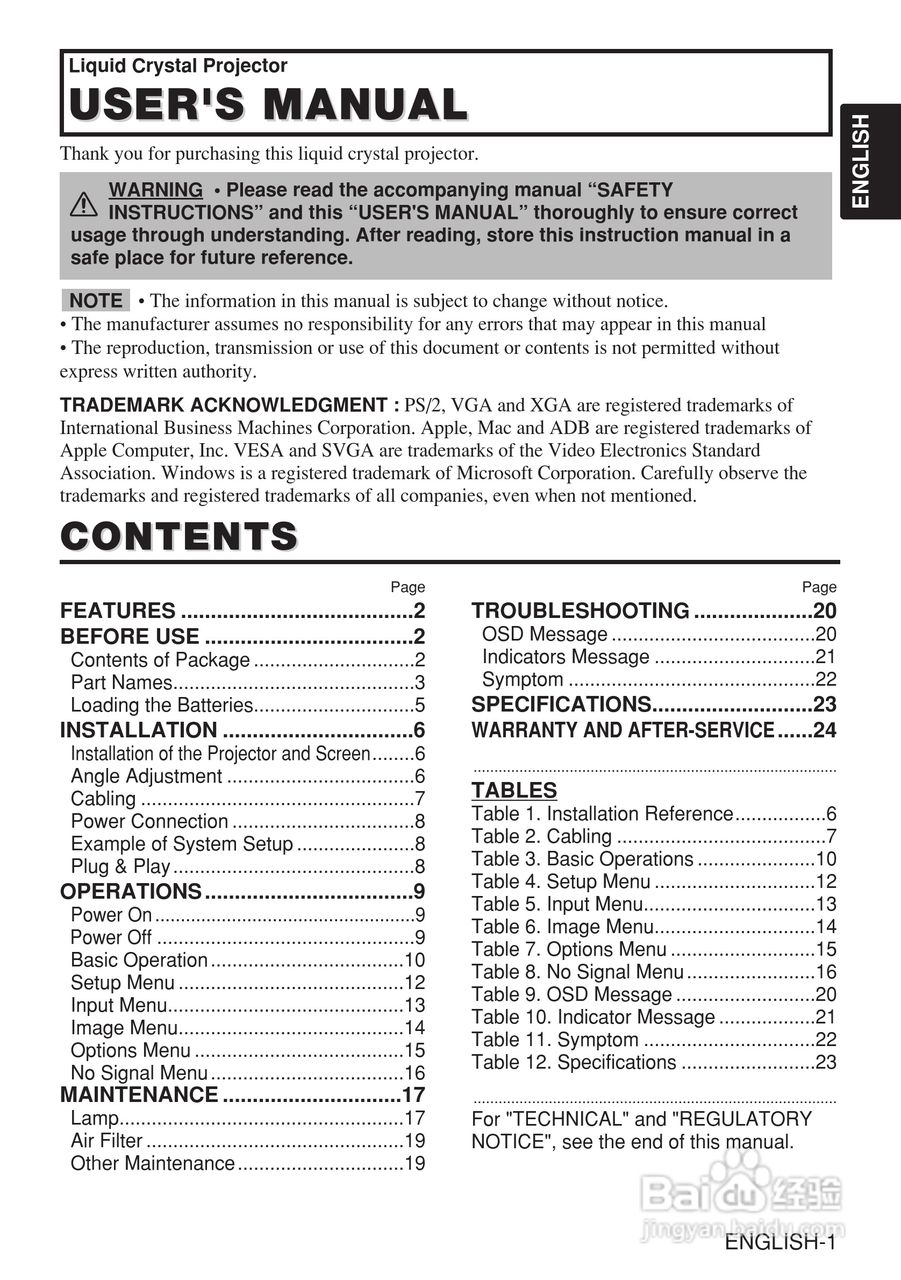 日立 CP-X980W投影机说明书:[1]