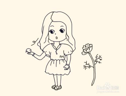 简笔画女孩:看手中花瓣的女孩画法