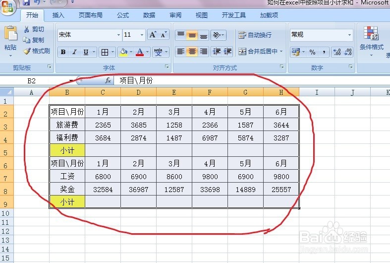 如何在excel中按照项目小计求和
