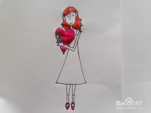 抱爱心的女孩怎么画