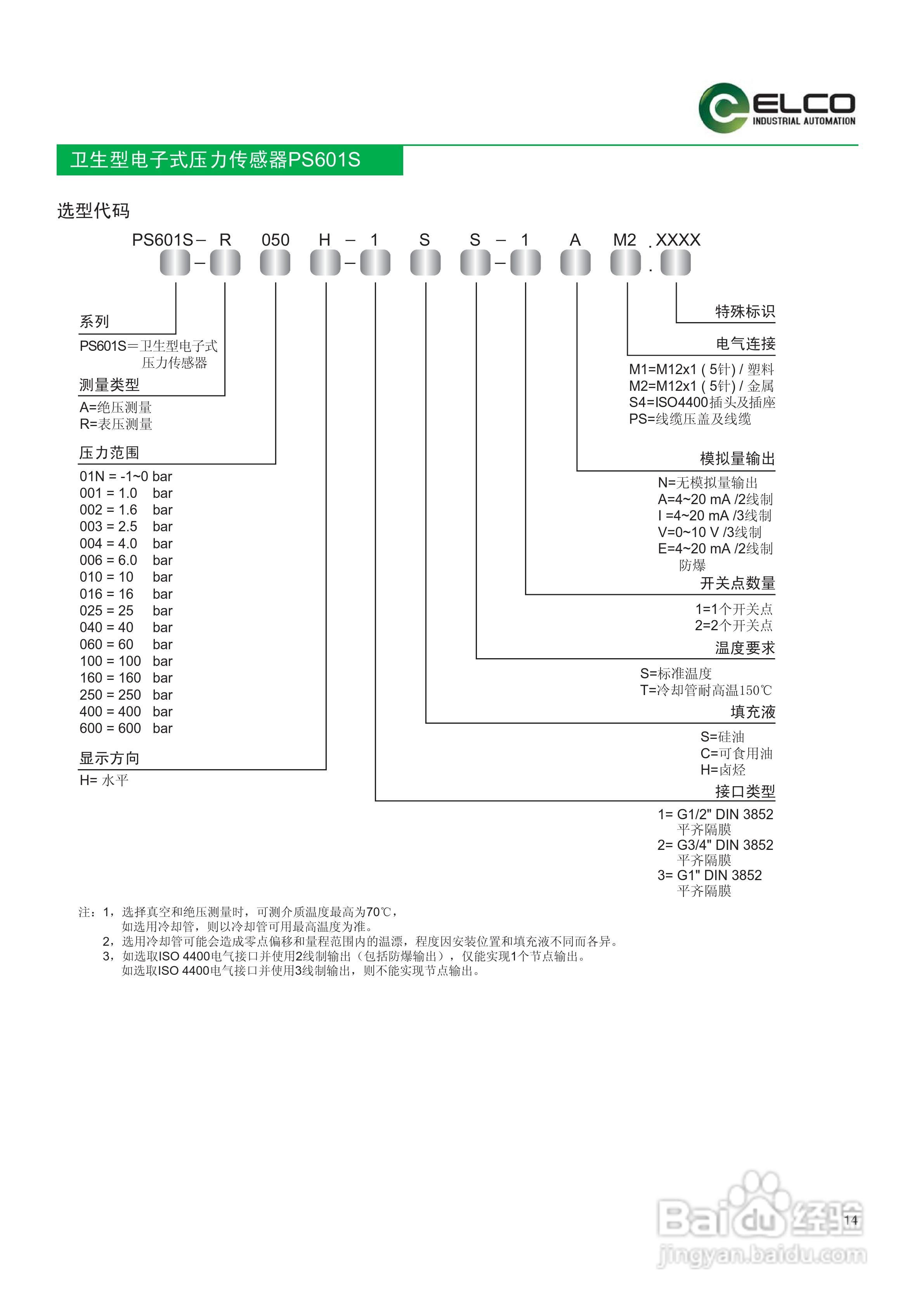 宜科PS601S系列卫生型电子式压力传感器说明书