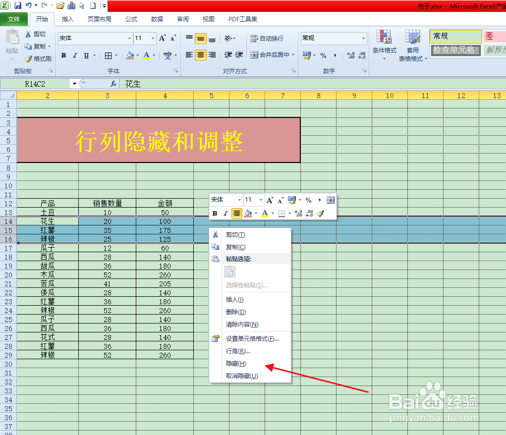 Execl表格中行列的隐藏和调整方法