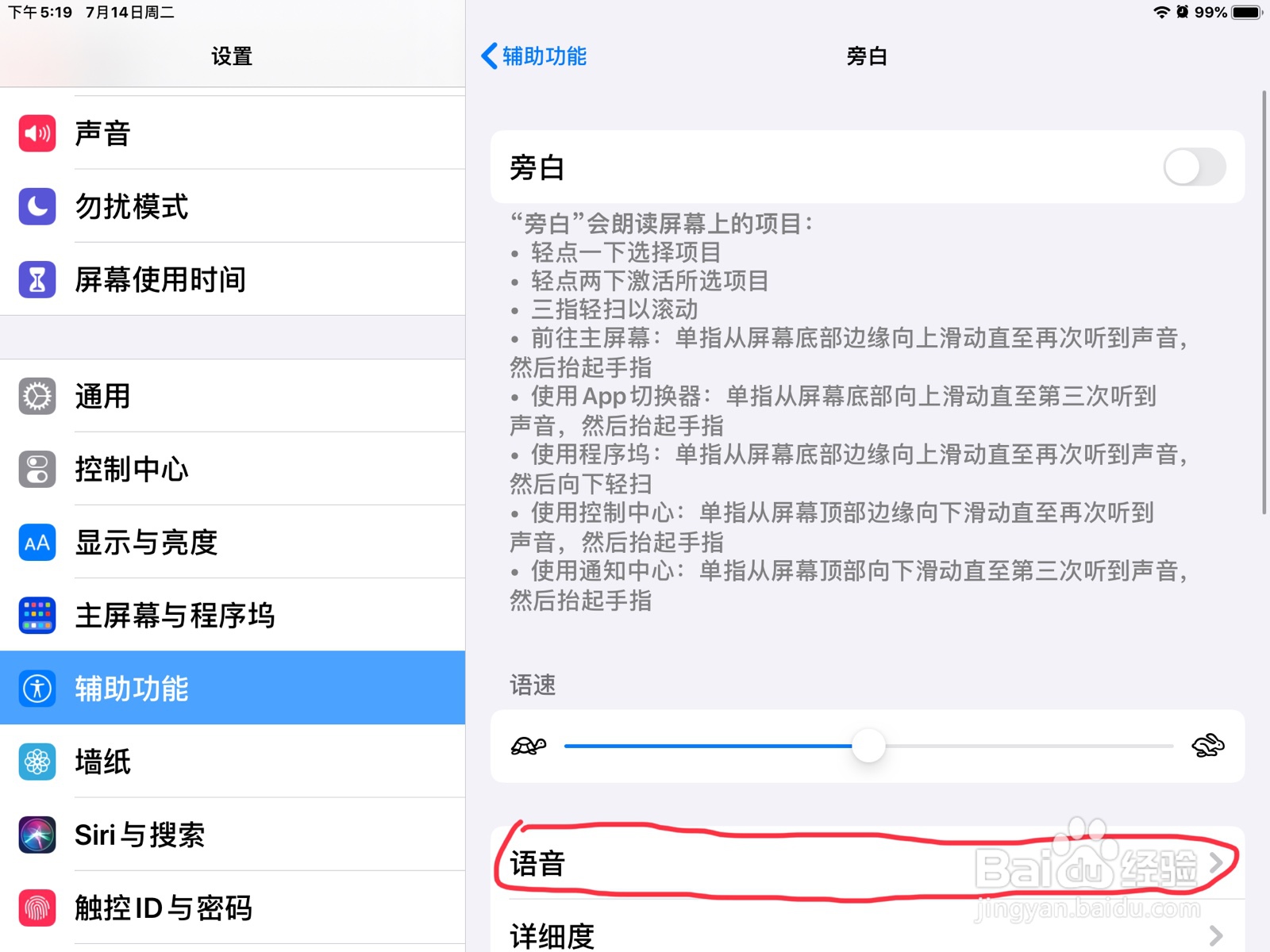 iPad怎么打开旁白的使用音调变化