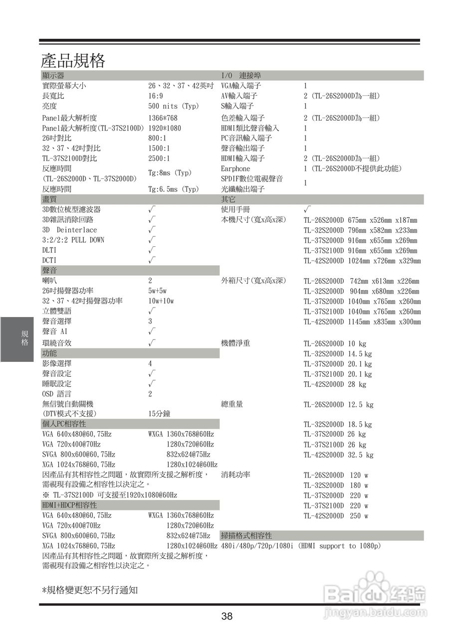 奇美多媒体液晶显示器TL-37S2100D型使用说明书:[5]