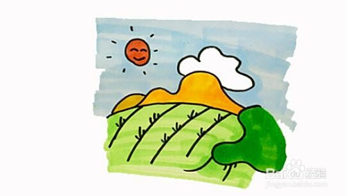 工具/原料 铅笔,马克笔,白纸 方法/步骤 1 第1步我们用曲线画出大地的