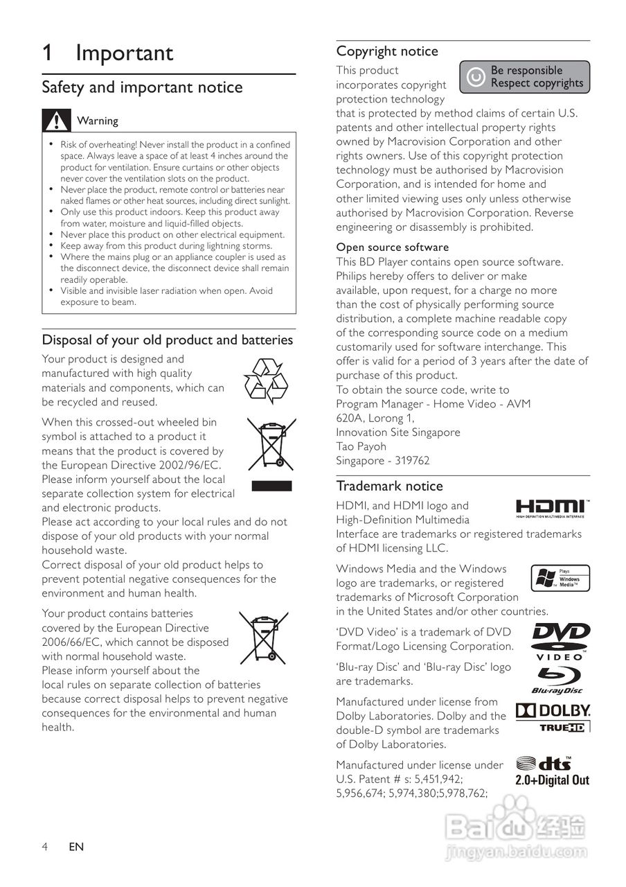 飞利浦BDP3008/98蓝光光盘播放机使用说明书:[1]