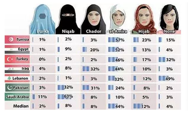 伊斯兰教的女装（Hijab,Burqa,Niqab）有什么区别。（抱歉不知道这三种衣服中文怎么说）