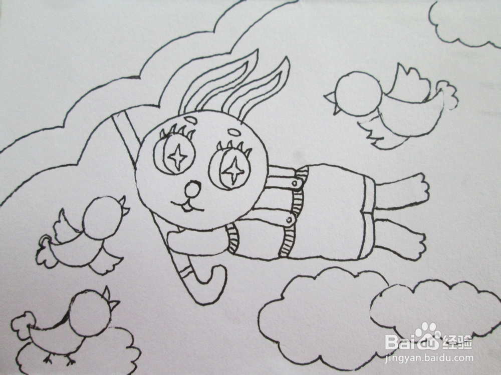 黑白线描画《被大风吹起来的小兔子》作画步骤