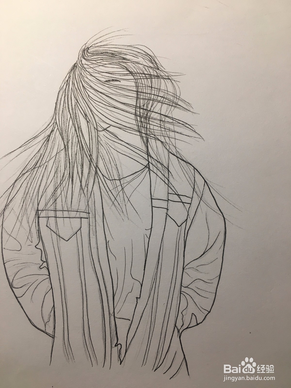 冬季画一个风中长发凌乱的样子 女子简笔线描画