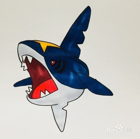 我们给巨齿鲨的眼睛涂红色,嘴巴也涂上红色,简单的巨齿鲨简笔煌就