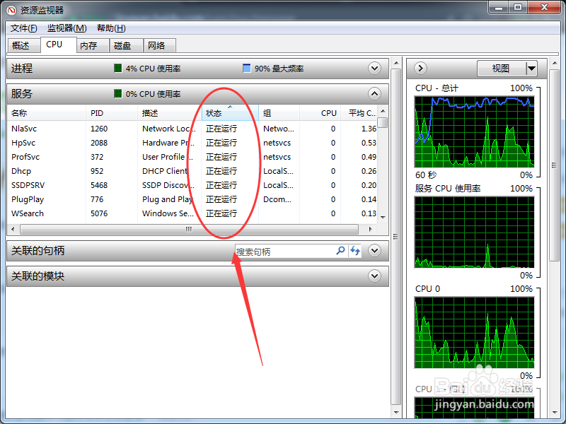怎么判断电脑资源监视器CPU服务是否运行