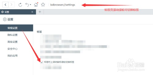 百度浏览器的标签栏上滚动鼠标切换标签如何设置