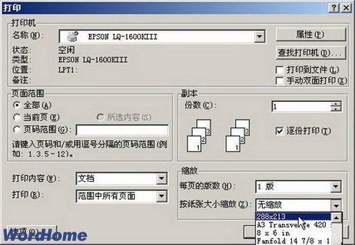 怎样添加自定义纸型尺寸缩放打印Word2003文档