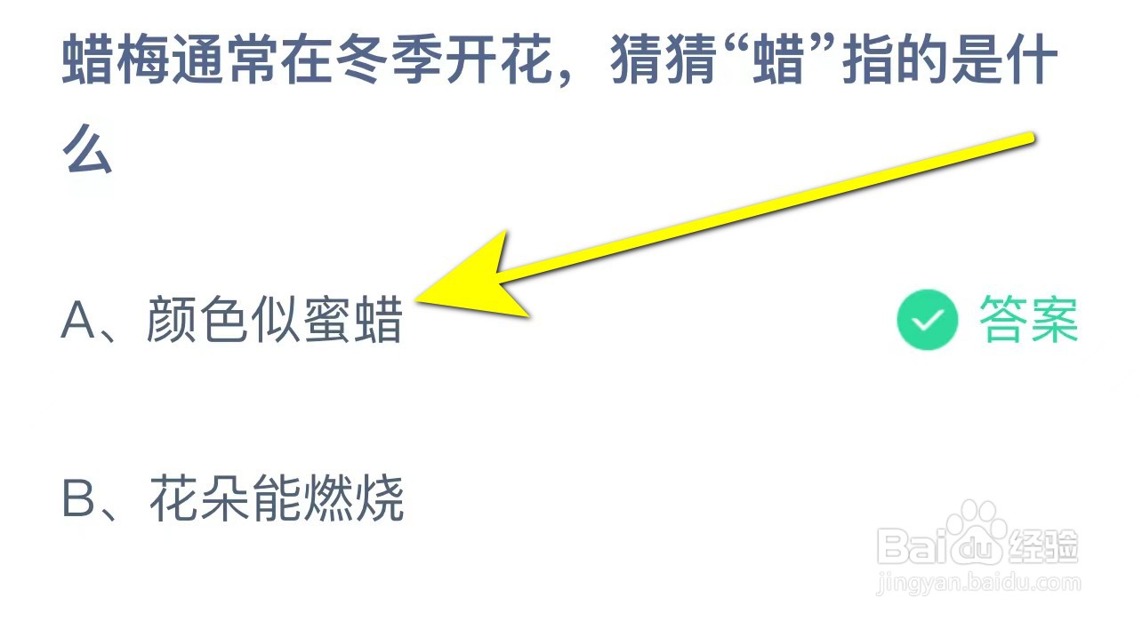 蚂蚁庄园蜡梅通常在冬季开花，猜猜“蜡”指的是