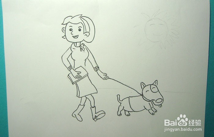 彩色简笔画牵小狗晒太阳的女孩