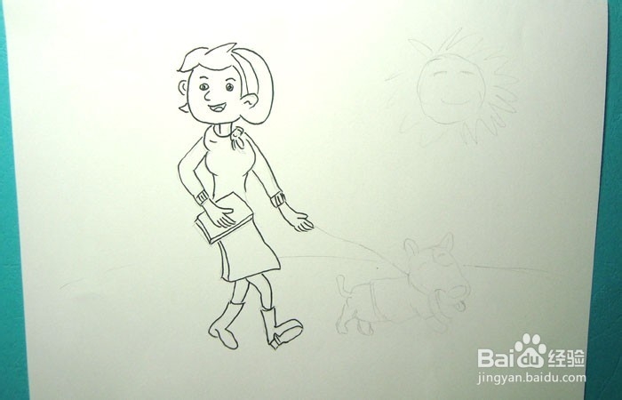 彩色简笔画牵小狗晒太阳的女孩