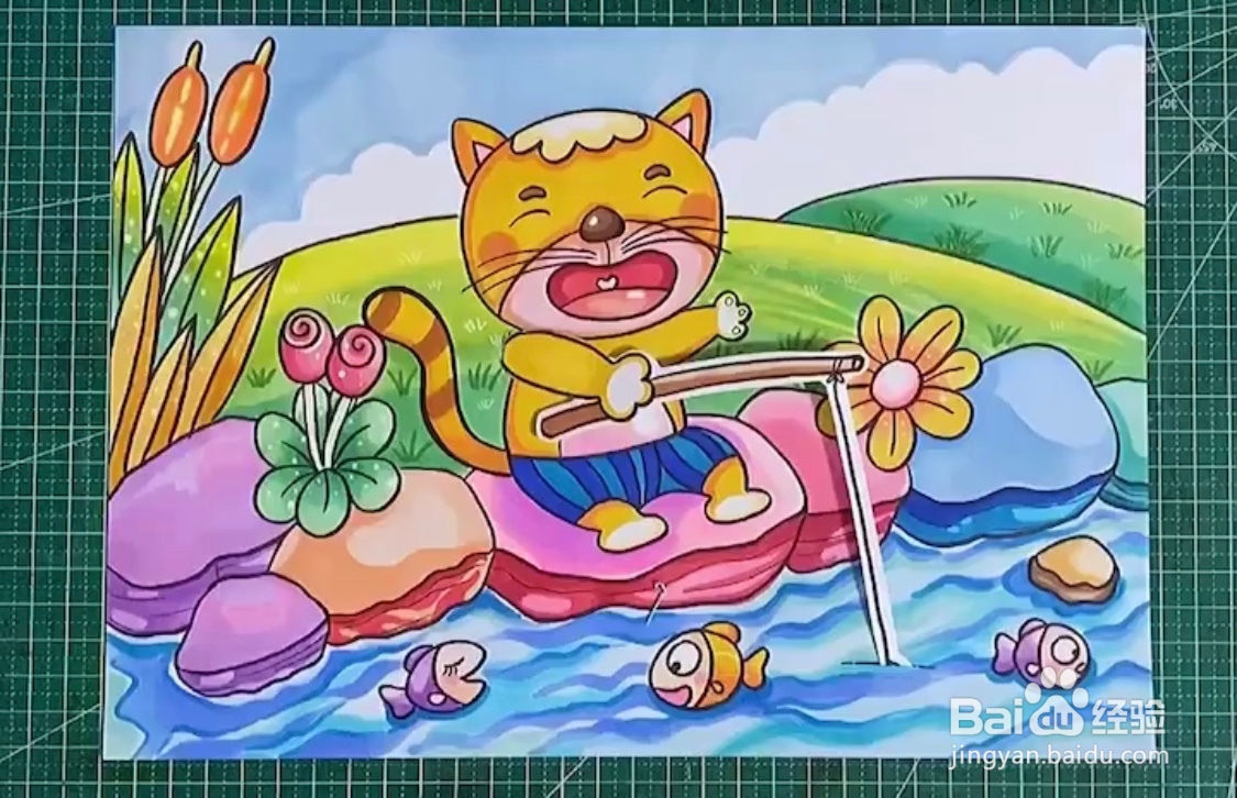 今天小编给大家分享的是利用比较简单的工具来进行绘画小猫钓鱼的这一