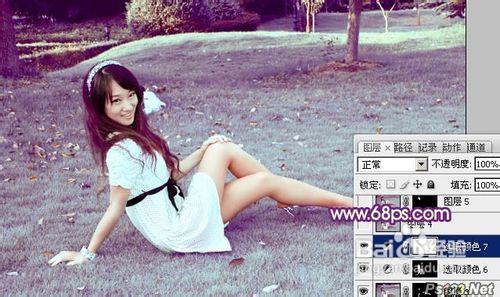 Photoshop调出外景美女图片淡淡甜美的青紫色