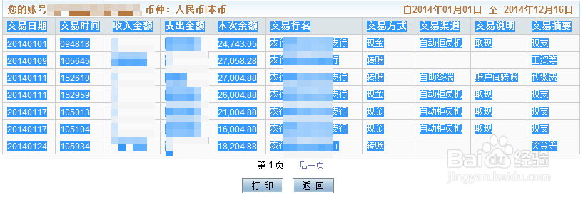 如何网上查询农行卡一年的收入支出明细及总和？