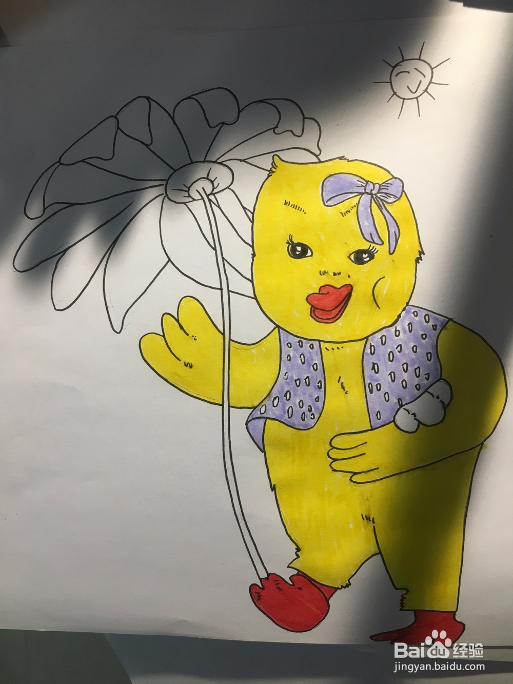 画一只拿着花当伞的鸭子 鸭子的简笔画 彩色涂鸦