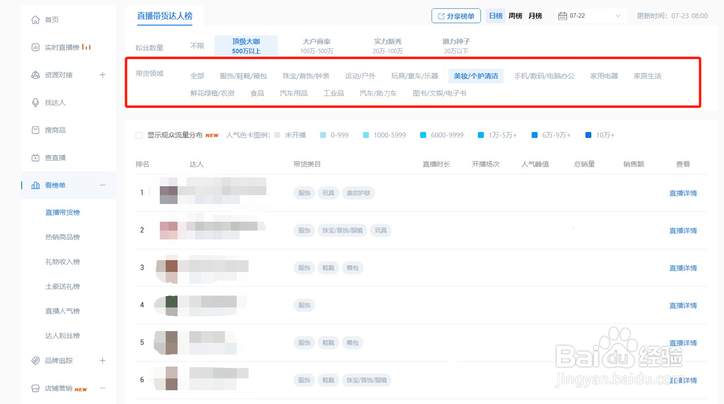 如何查询在美妆行业的顶级带货达人？