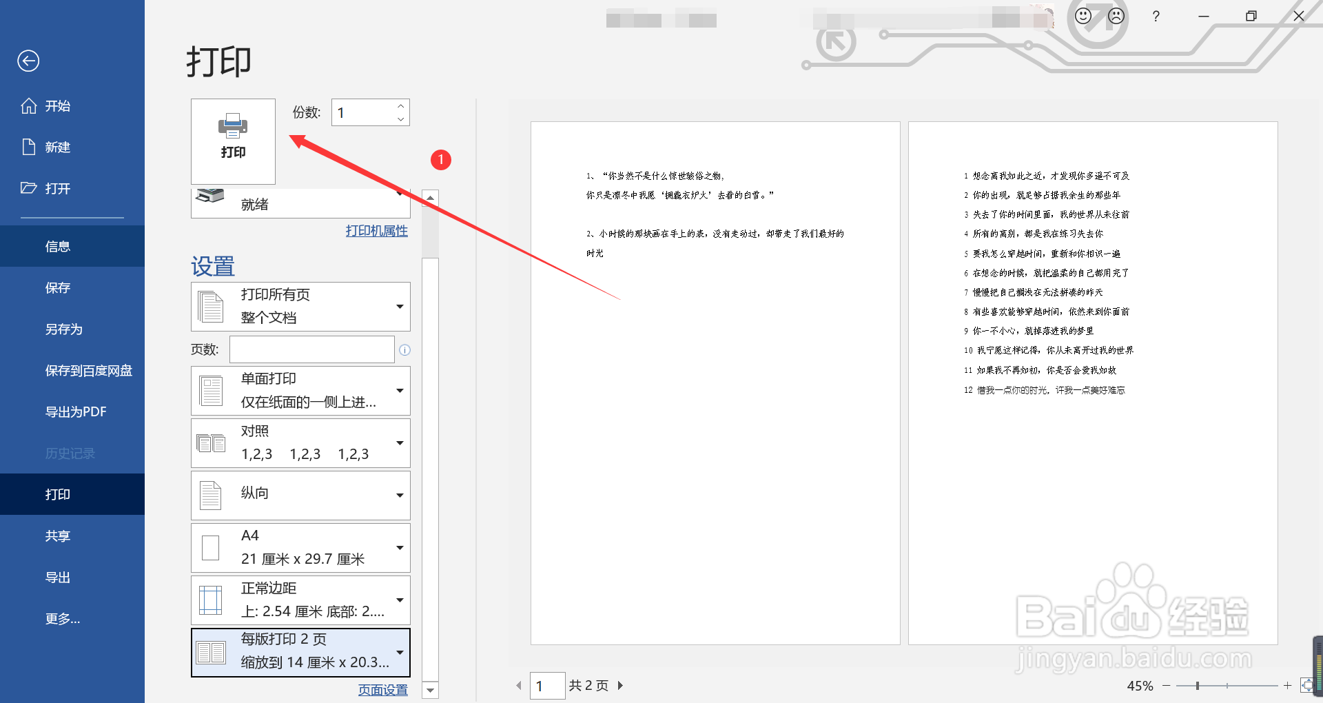 两页内容怎么打印成一页