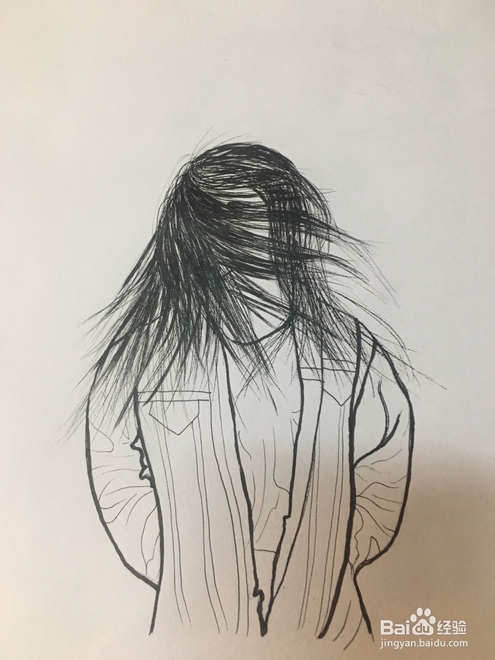 冬季画一个风中长发凌乱的样子 女子简笔线描画