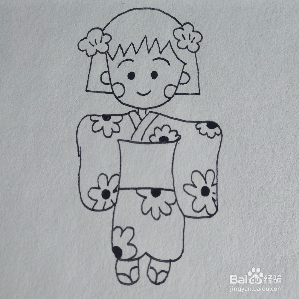 如何画穿着和服跳舞的樱桃小丸子卡通简笔画