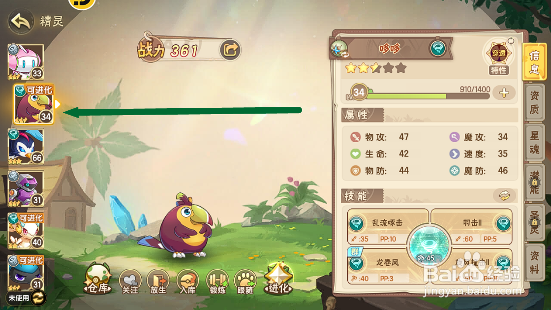 西普大陆怎么查看风系精灵哆哆的【物攻资质】