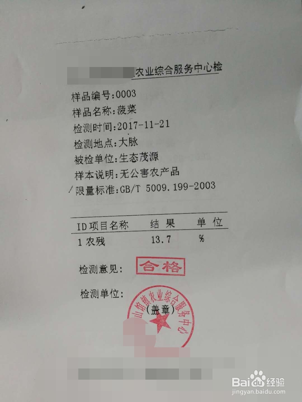 农药残留检测报告书