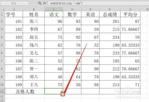 Excel怎么用countif算出各科成绩的及格人数