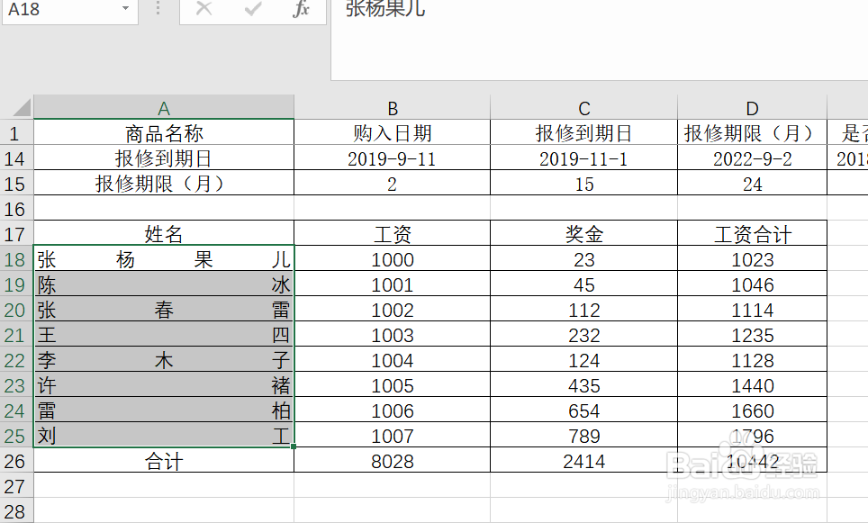 如何在Excel里面进行姓名对齐设置
